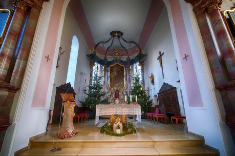 Interior view, choir room, altar, Catholic Saint Barbara church from 1783, baroque, Christmas