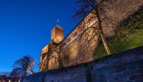 The Nuremberg Kaiserburg in evening lighting, blue evening sky, Mount of Olives, Nuremberg,
