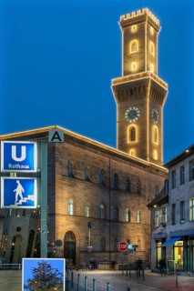 Fürth Town Hall in evening lighting, the tower is imitated the tower of the Palazzo Vecchio in
