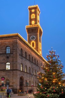 Fürth Town Hall in evening lighting, the tower is imitated the tower of the Palazzo Vecchio in