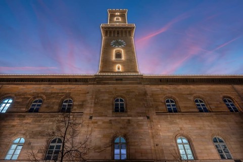 Fürth Town Hall in evening lighting, the tower, is imitated the tower of the Palazzo Vecchio in
