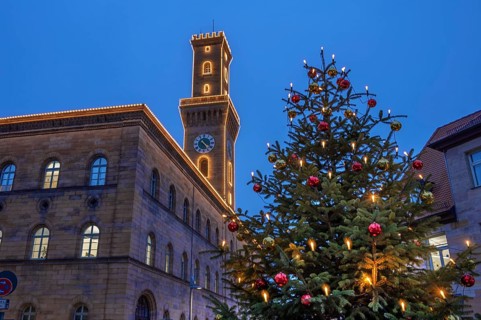 Fürth Town Hall in evening lighting, the tower is imitated the tower of the Palazzo Vecchio in