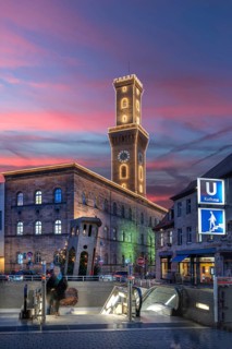 Illuminated Fürth Town Hall during Christmas time in the evening, Fürth, Middle Franconia, Bavaria,