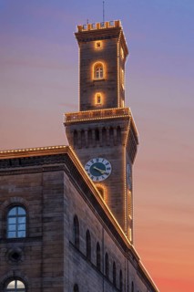 Fürth Town Hall in evening lighting, the tower, is imitated the tower of the Palazzo Vecchio in