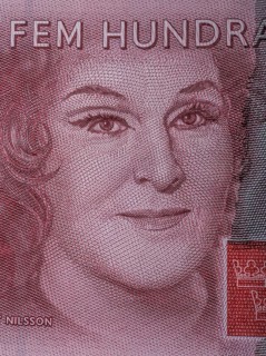 Birgit Nilsson (1918-2005), famous Swedish opera singer, portrait on Swedish 500-krona banknote