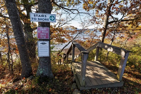 Stairway to beach sign, campground, sustainable farm in Freeport, Wolfe's Neck Center, Maine, New
