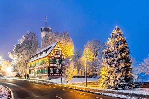 St. Stephen's Church Westerheim in winter with Christmas tree. hoarfrost. Westerheim, Alb-Danube