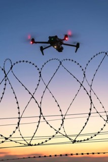 Icon image, illuminated drone hovering over barbed wire at late sunset, airport, threat, espionage