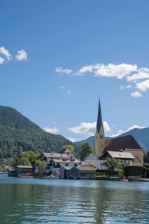 View from Malerwinkel of the village with parish church of St. Lawrence, Rottach-Egern, Upper