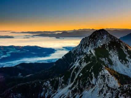 Sunrise in the mountains, view of Salzburg with fog, Hochstaufen, Zwiesel, Bad Reichenhall,