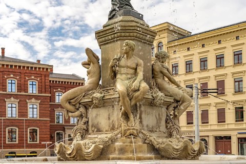 The Muschelminna fountain or Toberentzbrunnen at Postplatz in Görlitz, Upper Lusatia, Saxony,
