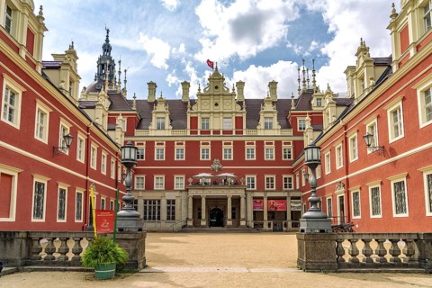 Muskau Castle in the Muskauer Park UNESCO World Heritage Site or Muzakowski Park in Bad Muskau,