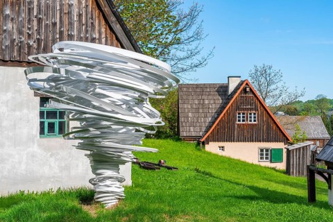 Sculpture, art installation Twister by artist and sculptor Alice Aycock, Purple Path art and