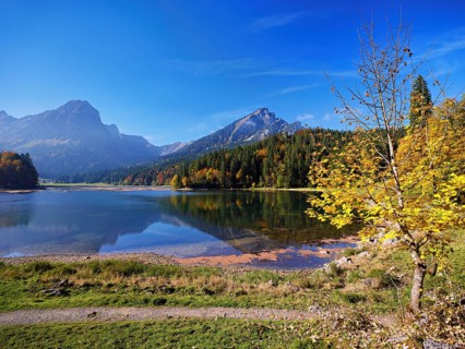 Autumn-colored forest is reflected in Obersee, Näfels, Canton of Glarus, Switzerland