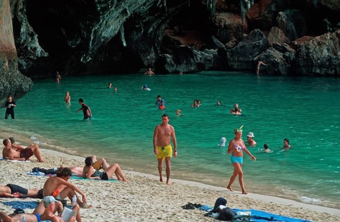 People bathing and sunbathing on Pranang Cave beach, two years in front of the tsunami, Krabi,