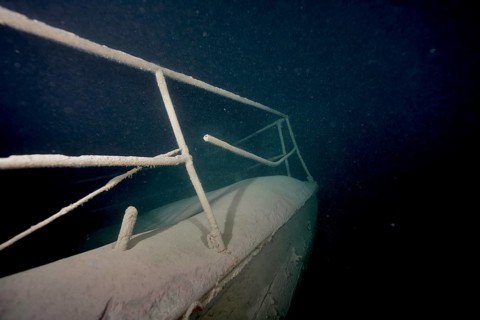 Ledi wreck, wreck of a Ledi ship, cargo ship for mass freight, bulk cargo taken at night in Lake