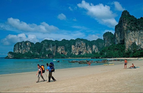 People, longtail boats, beach, Railay West, two years in front of the tsunami, Krabi, Thailand,