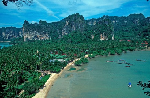 Mountains, sea, beach, boats, view of Railay East from the viewpoint, two years in front of the