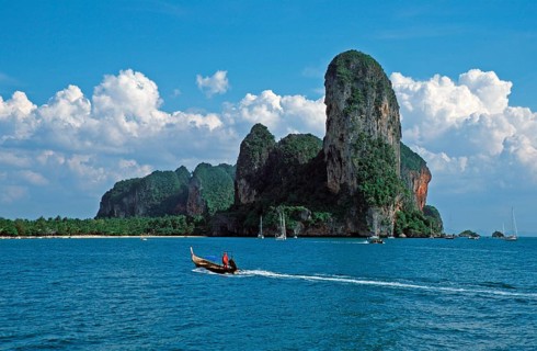 Longtail boat, rocks in the sea, Railay East, two years in front of the tsunami, Krabi, Thailand,