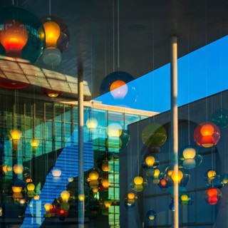 Artistic lamp installation with window reflection of the Marie-Elisabeth-Lüders House, art,