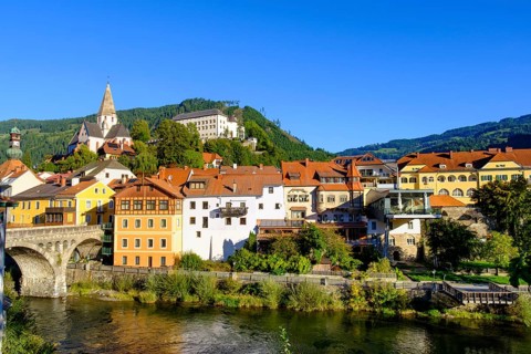 Murau with Obermurau Castle and St. Matthew Church, Mur River, Styria, Austria