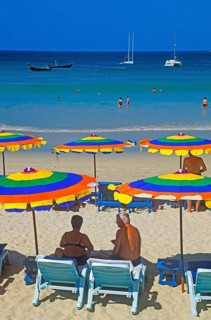 People, umbrellas, boats, Kata Beach, two years in front of the tsunami, Ko Phuket, Thailand,