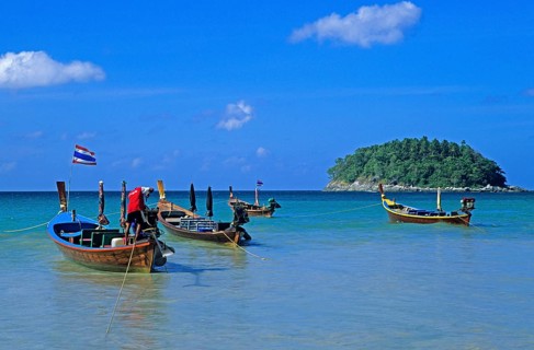 Longtail boats, island, Kata Beach, two years in front of the tsunami, Ko Phuket, Thailand,