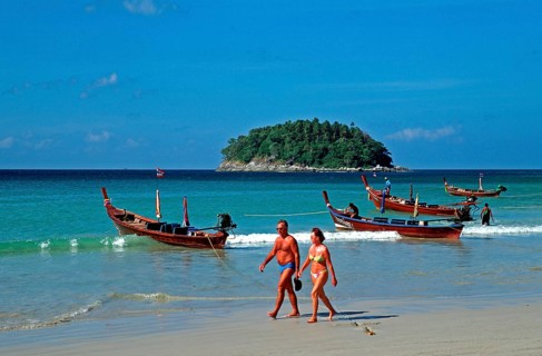 Longtail boats, people, island, Kata Beach, two years in front of the tsunami, Ko Phuket, Thailand,