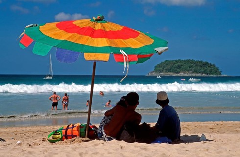 People, parasol, island, Kata Beach, two years in front of the tsunami, Ko Phuket, Thailand,