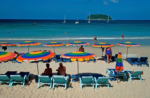 People, umbrellas, boats, island, Kata Beach, two years in front of the tsunami, Ko Phuket,