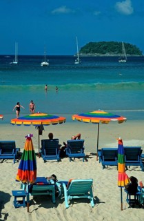 People, umbrellas, boats, island, Kata Beach, two years in front of the tsunami, Ko Phuket,
