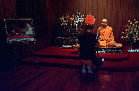 Wax monk at Wat Chalong monastery, believer praying, Ko Phuket, Thailand, December 2002, vintage,