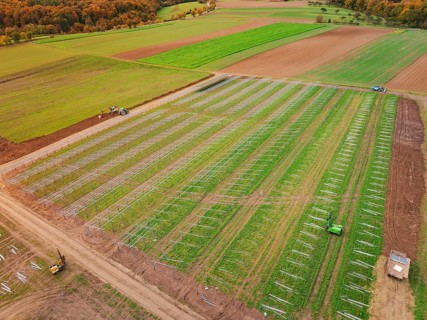 Large-scale field for the construction of a solar plant in autumn, energy revolution, construction