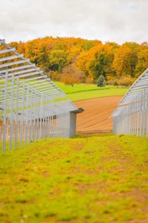 Construction of solar panels between green meadows and fields under autumn skies, energy