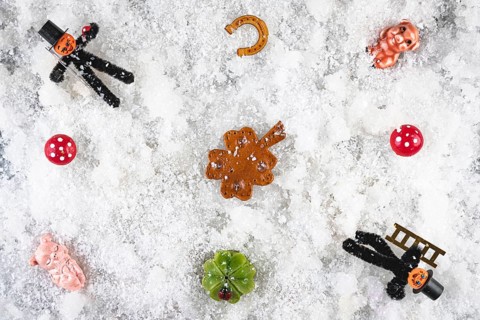 Various lucky charms and decorations on snow, New Year's Eve
