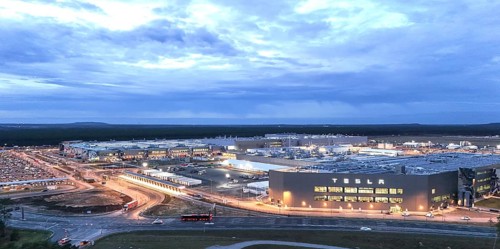 Tesla Gigafactory at the Blue Hour, Battery Factory Building, Grünheide, 19.12.2025, Grünheide,