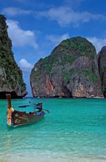 Longtail boat on Maya Bay beach, known from the movie The Beach, one year in front of the tsunami,