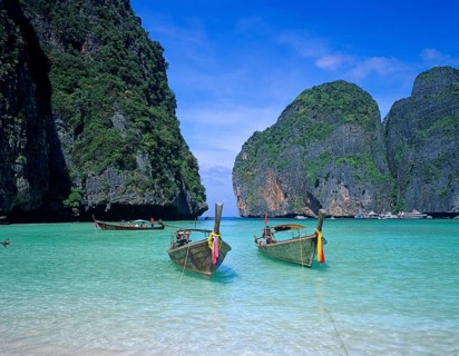 Longtail boats on Maya Bay beach, known from the movie The Beach, one year in front of the tsunami,