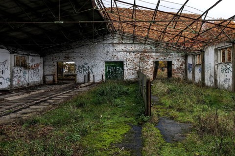 Former hall, dilapidated plant of a former agricultural production cooperative of the former GDR,