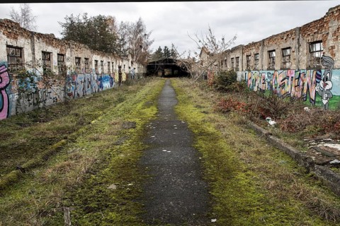 Dilapidated halls with gravity of the dilapidated plant of a former agricultural production