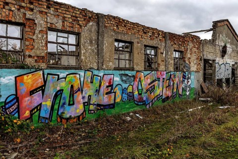 Dilapidated hall with gravity of the dilapidated plant of a former agricultural production