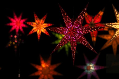 Colorful Christmas stars, sales stand, baroque Christmas market, blue hour, dusk, Ludwigsburg,