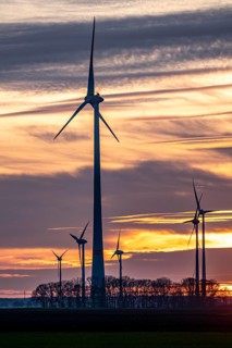 Sunset at Issum wind farm, Lower Rhine, North Rhine-Westphalia, Germany