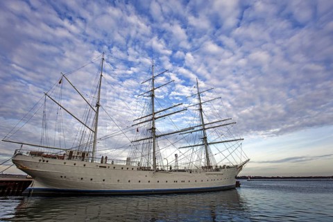 Sailing ship Gorch Fock 1 in the port of Stralsund, Hanseatic City of Stralsund,