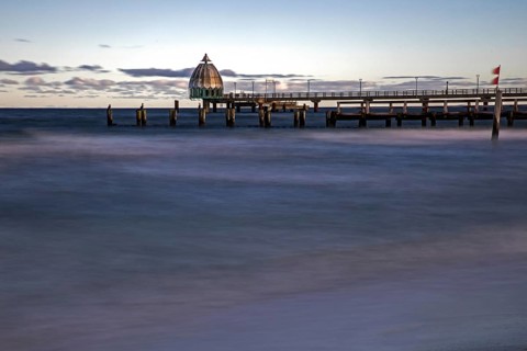 Pier with diving gondola, long exposure, Zingst, Fischland-Darß-Zingst, Western Pomerania Lagoon