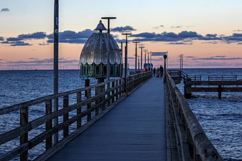 Pier with diving gondola, evening light, Zingst, Fischland-Darß-Zingst, Western Pomerania Lagoon