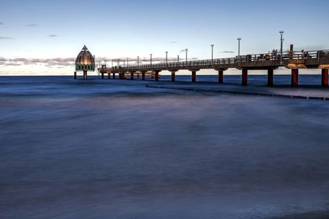 Pier with diving gondola, long exposure, evening light, Zingst, Fischland-Darß-Zingst, Western