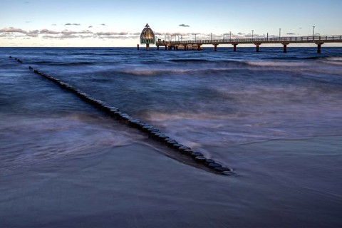 Groes and pier with diving gondola, long exposure, evening light, Zingst, Fischland-Darß-Zingst,