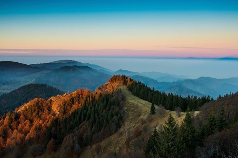 View from Belchen, morning mood with fog in autumn, sunrise, Belchen, Black Forest, Southern Black