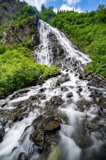 Bridalveil Falls waterfall, canyon, long exposure, Keystone Canyon, Richardson Highway, Alaska, USA